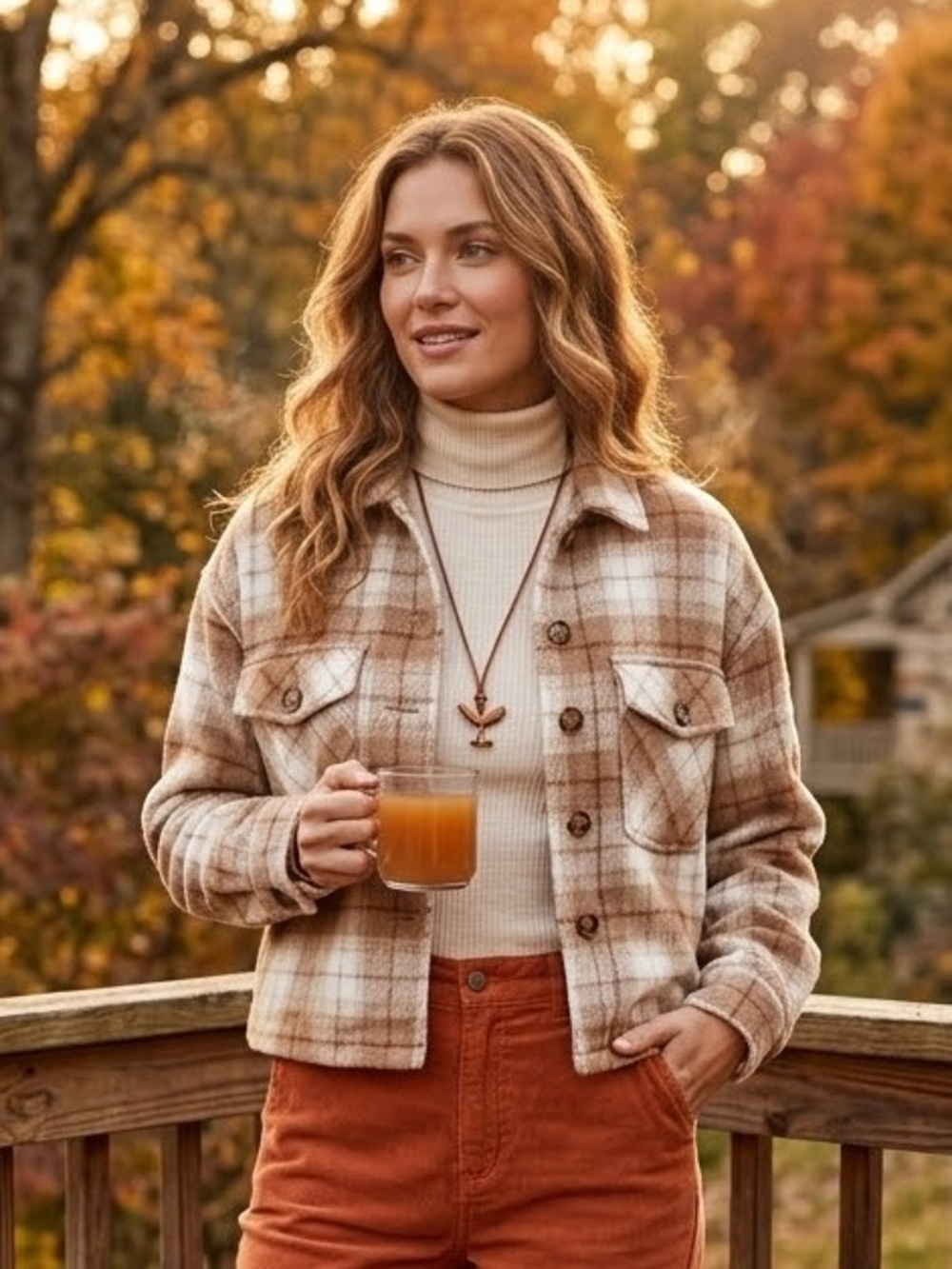 Love Tree Plaid Teddy Shacket in Cream and Brown, Women’s Size Medium, Flannel